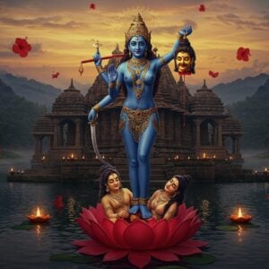 A striking portrayal of Goddess Chhinnamasta in her iconic form, standing gracefully with her self-severed head held in her left hand, three blood streams flowing - two nourishing her attendants Dakini and Varnini, and one entering her own severed neck. She stands naked with a blue-tinted skin tone, adorned with an ornate gold necklace, waist belt, and anklets. Her right hand holds a curved sword (khadga). She stands on Rati and Kama in divine union on a red lotus floating in a serene pond. The background features the ancient stone temple of Rajrappa with intricate carvings, surrounded by misty mountains and the confluence of rivers Damodar and Bhairavi. The scene is illuminated by a mystical golden light with floating red hibiscus flowers and subtle mandala patterns in the sky. Art style combines hyperrealistic digital art with traditional Tantric painting elements, deep rich colors of maroon, gold, and midnight blue. The atmosphere is both powerful and ethereal, with a soft gradient of dawn colors in the sky and subtle smoke from temple diyas creating a mysterious ambiance. --ar 16:9 --style raw