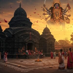 A majestic black stone Kali temple in traditional Bengali architectural style with curved roofs and spires, illuminated by warm golden light during sunset. In the foreground, a serene courtyard features intricate Alpana patterns in white on deep red ground. Goddess Kali's powerful form appears as a semi-transparent ethereal vision above the temple - four-armed, wearing a garland of skulls, holding a kharga (sword) and severed head, while other hands show abhaya and varada mudras. She has wild flowing hair, a extended tongue, and wears a red silk saree. The scene is enhanced with floating lotus petals, swirling incense smoke, and glowing oil lamps. Bengali devotees in traditional attire (women in white and red bordered sarees, men in kurtas) are seen offering prayers. The overall composition combines Madhubani-style decorative elements with modern digital art techniques, using a color palette of deep reds, blacks, whites and burnished gold. Soft bokeh lights and a mystical atmosphere complete the scene.