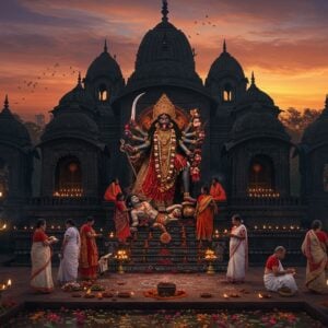 A majestic black stone temple structure with traditional Bengali architecture, featuring curved roofs and spires, set against a mystical twilight sky with deep purples and oranges. In the center, a powerful depiction of Goddess Kali stands 10 feet tall, with four arms holding a sword, severed head, lotus, and blessing mudra, wearing a garland of skulls and a red silk saree with gold border. The temple entrance has intricate Madhubani-style patterns in gold and red, with authentic Bengali alpana designs on the steps. Devotees in traditional Bengali attire (women in white sarees with red borders, men in kurtas) are offering hibiscus flowers and lighting diyas. The scene is illuminated by hundreds of brass lamps creating a golden glow, with smoke from incense creating ethereal swirls. The foreground features a decorative pool with floating red lotus flowers and marigold petals. The composition includes modern elements like steel and glass structures in the background suggesting urban Delhi, while maintaining the spiritual atmosphere. The art style combines hyperrealistic architectural details with mystical lighting effects and traditional Indian art elements.