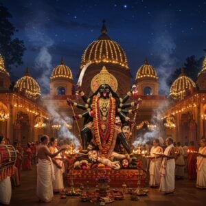 A majestic night scene of Chittaranjan Park Kali Mandir illuminated with hundreds of earthen lamps and string lights, creating a golden ethereal glow. The temple architecture features Bengal-style curved roof lines with intricate Pattachitra-style details. In the foreground, a grand black marble Maa Kali idol in traditional Bengali style, four-armed, holding a sword, severed head, abhaya mudra, and var mudra, wearing a garland of skulls and red hibiscus flowers. Devotees in traditional Bengali attire (women in white sarees with red borders, men in dhoti-kurtas) performing aarti with brass lamps. Smoke from incense creates mystical swirls in the air, catching the golden light. The scene includes traditional Bengali drums (dhak) decorated with marigold garlands, and brass bells hanging from temple arches. The background shows a gentle gradient from deep indigo to midnight blue sky with twinkling stars. The overall composition combines Madhubani-style decorative elements with modern digital art techniques, emphasizing dramatic lighting and atmospheric depth. The color palette features deep crimsons, burnished golds, midnight blues, and warm amber tones.