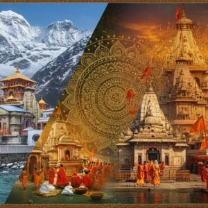 A majestic split-screen composition divided by a ornate golden mandala, showcasing both pilgrimages. On the left side, depicting Chota Char Dham: snow-capped Himalayan peaks with Badrinath temple's colorful architecture, Kedarnath's ancient stone structure amid snowy terrain, Gangotri temple beside crystalline Ganges, and Yamunotri's steaming hot springs with traditional architecture. On the right side, depicting Char Dham: Jagannath Puri's towering shikhara, Rameshwaram's infinite corridors, Dwarka's coastal temple with Krishna's flag, and Badrinath temple. The scene features detailed Indian architectural elements, intricate patterns, and sacred symbols. Devotees in traditional Indian attire walking on pilgrimage paths. The composition includes sacred elements like conch shells, temple bells, and flowing rivers. Art style combines hyperrealistic digital art with traditional Madhubani patterns in borders. Lighting creates a divine atmosphere with golden hour glow and spiritual aura. Color palette includes deep maroons, saffron, peacock blue, and gold accents.