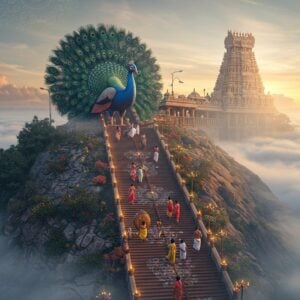 A majestic aerial view of the sacred 690 steps leading to the Palani Murugan Temple atop the hill, illuminated by golden morning sunlight. Lord Murugan's divine peacock stands regally at the summit, its feathers displaying intricate Madhubani-style patterns in brilliant blues and greens. Devoted pilgrims in traditional South Indian attire climb the steps, some carrying kavadi adorned with peacock feathers. The steps are decorated with vibrant kolam patterns and surrounded by mystical mist. In the background, the temple's gopuram emerges through clouds, with intricate architectural details rendered in gold and saffron. The scene features soft, ethereal lighting with rays of divine light breaking through clouds. Small oil lamps line the steps, creating a warm glow. The color palette combines deep maroons, peacock blues, and hints of gold, with a surreal, spiritual atmosphere. The hill itself is decorated with traditional Pattachitra-style flora, while the sky features subtle mandala patterns in pale pink and gold.