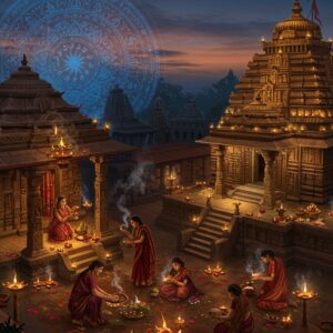 A magnificent aerial view of Patali Srikhetra temple complex at twilight, rendered in rich Pattachitra art style with modern digital elements. The temple architecture features traditional Kalinga style with intricate carvings, illuminated by warm golden light and floating diyas. In the foreground, a detailed scene of devotees performing ritual offerings - showing beautiful Indian women in maroon and saffron sarees placing traditional copper plates with coconuts, flowers, and lit lamps. Delicate smoke wisps from incense create ethereal patterns in the air. The background showcases a large, glowing mandala in peacock blue and gold, with subtle lotus motifs. The scene is enhanced with floating flower petals and spiritual symbols like Om rendered in soft light. The lighting is mystical with gentle rays filtering through the temple structure, creating a serene atmosphere. The overall composition combines photorealistic temple architecture with stylized traditional Indian art elements, rendered in a color palette of deep maroons, saffron, gold, and peaceful blues.