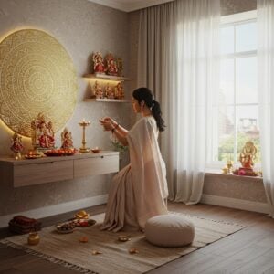 A serene Indian woman in a soft pastel sari performing aarti in a beautifully designed modern pooja room. The room features a sleek, minimalist altar with a golden mandala backdrop, floating shelves holding ornate murtis, and a contemporary floor cushion for meditation. Soft, warm lighting emanates from stylish diyas and a backlit Om symbol. Fresh flowers and incense create a fragrant atmosphere. The walls are adorned with intricate Madhubani-inspired patterns in muted tones. A large bay window allows natural light to filter through sheer curtains, illuminating the space with a divine glow. The overall ambiance blends traditional elements with modern design, creating a tranquil and inviting sacred space within a contemporary home.