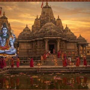 A majestic ancient North Indian temple architecture with intricate stone carvings, rising tall against a mystical twilight sky filled with warm golden and deep orange hues. The temple's main shikhara features detailed Nagara-style architecture with multiple smaller spires. Lord Shiva, depicted in hyperrealistic detail with four arms, seated in padmasana, adorned with serpents, crescent moon, and rudraksha beads, emanates a soft blue aura at the temple entrance. The foreground shows a serene water body reflecting the temple's grandeur, with floating lotus flowers and diyas. Traditional oil lamps illuminate the stone steps leading to the temple, creating a warm, golden glow. Devotees in traditional Indian attire performing aarti with brass thalis add life to the scene. The composition includes intricate Madhubani-style border patterns featuring Om symbols, tridents, and sacred geometric designs in deep maroon and peacock blue. The entire scene is rendered in a style blending photorealism with ethereal Indian artistic elements, emphasizing both architectural magnificence and spiritual ambiance.