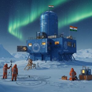 A majestic research station emerging from pristine Antarctic snow, rendered in a fusion of modern and traditional Indian art styles. The station's metallic blue structure features intricate Madhubani-style patterns along its walls, with the Indian flag prominently displayed. The surrounding landscape shows vast ice sheets in ethereal pastel blues and whites, with the aurora australis dancing in the sky using peacock blue, emerald green, and soft gold hues. In the foreground, Indian scientists in modern polar gear with traditional Indian motifs embroidered on their jackets are conducting research. The scene is illuminated by both the stark Antarctic sun and warm golden lights from the station's windows. Crystal-clear ice formations reflect light creating mandala-like patterns on the snow. Research equipment with modern technical details blends seamlessly with the landscape. The atmosphere captures both scientific precision and spiritual connection to nature, with subtle lotus patterns formed in the snow drifts. The lighting creates a dramatic interplay of cool Antarctic blues and warm indian-inspired golds. Hyperrealistic details in the ice textures and environmental elements, digital art style, cinematic composition, ultra-detailed, 8K quality.