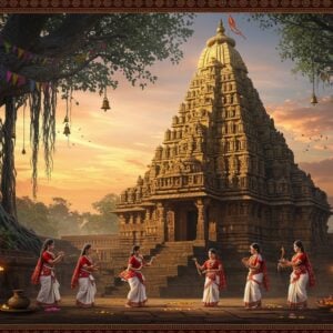 A majestic ancient temple architecture with ornate Bastar tribal-style carvings, featuring the grand Danteshwari Temple illuminated by golden morning sunlight. The temple's spire rises dramatically against a mystical dawn sky filled with soft pink and orange clouds. In the foreground, a group of Bastar tribal women in traditional colorful attire (red and white sarees with distinctive tribal jewelry) perform their traditional Karma dance. The scene includes detailed elements like brass oil lamps, vermillion-decorated stone steps, and intricate mandala patterns on the temple walls. Floating lotus flowers and marigold garlands add vibrant touches of color. The atmosphere is enhanced by swirling incense smoke creating ethereal patterns. The art style combines traditional Madhubani patterns in the borders with modern digital rendering, using a rich color palette of deep maroon, gold, and peacock blue. The lighting creates a divine aura with soft glowing highlights on the temple's carved details, while maintaining the authentic architectural features of Danteshwari Temple. The scene is framed by ancient banyan trees with hanging roots, decorated with traditional tribal flags and bells.