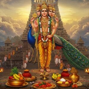 A majestic view of Lord Murugan standing atop Palani hill, rendered in hyperrealistic digital art style with traditional Pattachitra influences. The six-faced deity holds his vel (divine spear) in his right hand, wearing a saffron dhoti with gold ornaments. His peacock mount stands regally beside him with its feathers spread in intricate detail. The temple's iconic gopuram rises behind him with golden morning light filtering through clouds. In the foreground, detailed offerings are artistically arranged - fresh fruits, honey, vibhuti, and traditional panchamritham in brass vessels. Sacred smoke from camphor and incense creates an ethereal atmosphere, with soft glowing mandalas floating in the background. The scene is framed by blooming lotus flowers and traditional Tamil kolam patterns. The color palette focuses on deep maroons, rich golds, peaceful blues, and earthy browns. Small groups of devotees in traditional attire are shown climbing the sacred steps, their forms creating a sense of scale and devotion. The lighting is mystical with divine rays emerging from behind the deity, creating a supernatural ambiance.