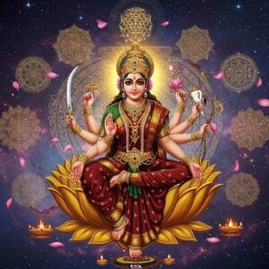 A majestic portrayal of Devi Jagadambi seated on a golden lotus throne against a cosmic backdrop with swirling galaxies in deep indigo and purple. The Goddess has eight arms, each holding significant items - a lotus flower, a sword, a conch shell, a chakra, a bow, an arrow, a shield, and one hand in abhaya mudra. She wears a rich maroon and gold silk saree with intricate Madhubani-style border patterns. Her face is serene and compassionate, with a slight divine smile, adorned with a crystal crown emanating soft golden light. Around her float multiple mandalas in varying sizes, created from intricate peacock feathers and lotus motifs. The background features a large, glowing Sri Yantra in subtle gold lines. Ethereal soft pink and blue lotus petals float in the air, while celestial light rays in warm gold pierce through the cosmic scene. The overall composition combines traditional Indian art elements with modern digital aesthetics, creating a harmonious blend of ancient and contemporary spiritual art. The lighting is dramatic yet soft, with emphasis on divine glow around the Goddess.