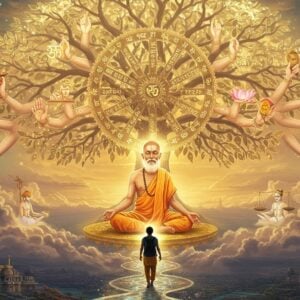 A serene Indian sage in pristine white dhoti and angavastram seated in padmasana on a golden lotus platform, radiating divine light. Behind him, a massive ethereal tree of life with intertwining branches forming the shape of a dharma wheel, each branch bearing different sacred symbols - karma, truth, duty, and righteousness in Devanagari script. The tree's leaves are translucent golden-white, gently illuminated from within. In the foreground, a young modern Indian man in contemporary clothing walking on a crystalline path that transforms from modern city elements to traditional sacred geometric patterns. Multiple ethereal hands emerging from soft clouds guide his path, each holding different objects representing dharmic principles - a lamp (knowledge), scales (justice), lotus (purity), and a conch shell (truth). The scene is bathed in soft, divine light with hints of peacock blue and saffron in the sky. Intricate Madhubani-style patterns float in the air like cosmic dust. The artwork combines hyperrealistic rendering with traditional Indian art motifs, creating a dreamlike spiritual atmosphere with rich golden accents and deep jewel tones.