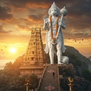 A majestic 18-foot tall Hanuman statue in pure white marble against a dramatic sunrise, standing atop the Dindigul rocky hills. The deity is depicted in a dynamic pose with his right hand raised in blessing, left hand holding the Sanjeevani mountain. His face shows divine devotion, adorned with vermillion and garlands of marigold flowers. The temple architecture behind him features traditional Dravidian style with ornate gopurams in gold and saffron hues. Mystical morning mist surrounds the base of the hill, with sun rays creating a divine halo effect. The foreground shows ancient stone steps leading up to the temple, decorated with traditional kolam patterns. The scene is rendered in a fusion of hyperrealistic digital art with Thanjavur painting style, featuring rich gold accents, deep maroons, and celestial blues. Flying birds and floating flower petals add movement to the composition. The lighting is warm and ethereal, creating a spiritual atmosphere with subtle lens flares and golden hour glow.