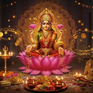 A resplendent golden Goddess Lakshmi seated on a blooming pink lotus, her four hands holding symbolic items: a golden pot, lotus flowers, coins showering from one hand, and the other in abhaya mudra. She wears an intricately designed red and gold saree with ornate jewelry. Behind her, a grand mandala glows with warm light, its patterns inspired by traditional rangoli designs. In the foreground, a meticulously arranged puja thali with lit diyas, fresh flowers, incense, and a small idol. Surrounding the scene are floating, stylized elements representing wealth and prosperity: coins, jewelry, and swirling golden light. The background features a modern Indian home interior with subtle Diwali decorations. The overall palette is rich with deep reds, golds, and warm oranges, creating a atmosphere of divine opulence and celebration. The art style blends hyperrealism with ethereal, glowing elements, merging traditional iconography with contemporary digital aesthetics.