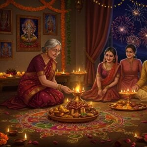 A luminous Indian home interior during Diwali night, adorned with intricate rangoli patterns on the floor using vibrant colors and flower petals. In the center, a beautifully decorated puja thali with lit diyas, fresh flowers, and traditional sweets. An elderly grandmother in a rich maroon silk saree performs aarti, her face glowing in the warm light. Behind her, a young couple in festive attire (man in kurta, woman in lehenga) watch attentively. The background showcases a wall with ornate golden frames containing images of Hindu deities. Strings of twinkling fairy lights and marigold garlands drape across the ceiling. Through an open window, a night sky filled with bursting fireworks in gold and red hues is visible. The scene blends traditional Madhubani art style with modern digital illustration, featuring deep, rich colors like gold, saffron, and peacock blue. Soft, glowing auras surround the diyas and the performers, creating an ethereal atmosphere that emphasizes the spiritual significance of the festival.