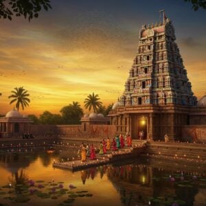 A majestic aerial view of Draksharama Temple at sunset, its ornate gopuram towering against a sky painted in vibrant hues of saffron, gold, and deep blue. The temple's reflection shimmers in a tranquil lotus-filled pond in the foreground. Intricate Madhubani-style patterns adorn the temple walls, blending seamlessly with the modern digital rendering. A group of devotees in colorful traditional Indian attire walk along a path lined with glowing diyas, creating a serene atmosphere. Soft, ethereal light emanates from the temple entrance, symbolizing spiritual enlightenment. In the background, stylized coconut palms and banyan trees frame the scene, their leaves rendered in a mix of Pattachitra and digital art styles. A large, translucent mandala hovers in the sky, representing the cosmic connection. The overall image exudes a sense of timeless spirituality with a contemporary aesthetic appeal.