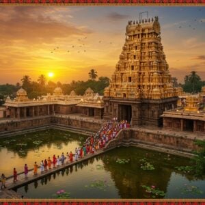 A majestic aerial view of the ancient Draksharama Temple complex at sunset, its golden-hued gopuram towering against a vibrant sky of saffron and deep blue. The temple's intricate Dravidian architecture is highlighted with soft, glowing lights. In the foreground, a serene water body reflects the temple's grandeur, adorned with floating lotus flowers. A group of pilgrims in colorful traditional attire are seen entering the temple, their silhouettes creating a sense of scale and reverence. The surrounding landscape features lush greenery and palm trees, emphasizing the temple's tropical setting. The scene is rendered in a style blending hyperrealism with the ethereal qualities of Madhubani art, using a rich color palette of gold, maroon, and peacock blue. Intricate patterns and motifs reminiscent of traditional Indian art form a subtle border around the image, incorporating elements like mangoes (draksha) and divine symbols associated with Lord Shiva.