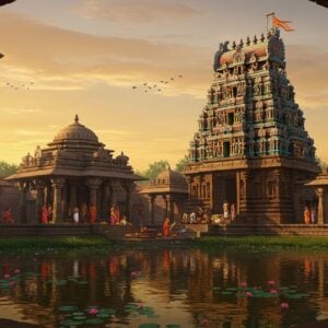 A majestic ancient Indian temple complex in Draksharama, illuminated by golden sunlight. The main temple, dedicated to Bheemeswara Swamy, stands tall with intricate Dravidian architecture, its gopuram adorned with colorful sculptures of Hindu deities. In the foreground, a serene pond reflects the temple's image, surrounded by blooming lotus flowers. Devotees in traditional Indian attire are seen offering prayers and performing rituals. The sky is painted in warm hues of orange and pink, signifying dawn or dusk. Ethereal rays of light emanate from the temple's sanctum, symbolizing divine energy. The scene is framed by lush greenery and ancient stone pillars with intricate carvings. The overall atmosphere exudes a sense of peace, spirituality, and timeless beauty, blending elements of Madhubani and Pattachitra art styles with modern digital aesthetics. The color palette includes deep maroons, saffron, and peacock blue, with touches of gold highlighting key elements.