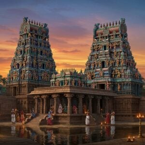 A majestic Dravidian temple complex under a vibrant sunset sky, with towering gopurams adorned in intricate, colorful sculptures of deities and mythological figures. The foreground features a large, ornate stone mandapa with intricate pillars and a reflective sacred pool. Devotees in traditional South Indian attire offer prayers and light oil lamps. The scene is framed by lush tropical vegetation and swaying palm trees. The art style blends hyper-realistic details with the rich, deep colors of traditional Indian art, incorporating gold leaf accents on the temple structures. Soft, ethereal lighting emphasizes the spiritual atmosphere, with glowing mandalas and lotus motifs subtly integrated into the architecture. The overall composition creates a sense of awe and reverence, inviting the viewer to explore the temple's grandeur.