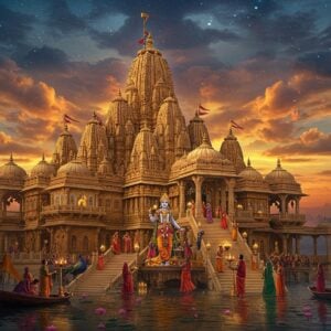 A majestic ancient temple complex rising from the Arabian Sea, with ornate golden spires reaching into a mystical twilight sky filled with swirling clouds in shades of deep blue and saffron. Lord Krishna in his royal form as Dwarkadhish stands prominently in the center, with four arms holding the Sudarshan Chakra, conch shell, lotus flower, and mace. He wears a pitambara dhoti, elaborate crown, and gold ornaments. The temple architecture features intricate Gujarati-style carvings, multiple levels with 72 pillars, and the distinctive shikhara decorated with traditional geometric patterns. Ethereal light streams through the temple windows, creating a divine atmosphere. In the foreground, devotees in traditional Gujarati attire perform aarti with golden lamps. The scene includes floating lotus flowers in the surrounding waters, flying sacred flags, and peacocks adorning the temple steps. The art style combines hyperrealistic architectural details with ethereal lighting and traditional Indian artistic elements, rendered in rich colors of deep blue, gold, saffron, and maroon. The overall composition should convey both grandeur and spiritual serenity.