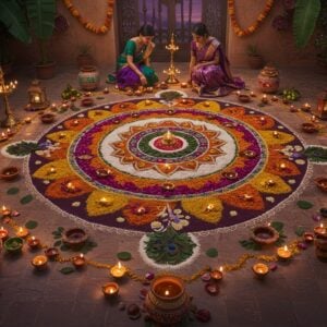 A breathtaking aerial view of an elaborate Rangoli design made entirely from natural materials - vibrant marigold petals, crimson rose petals, green leaves, white rice flour, and turmeric powder arranged in intricate geometric patterns and peacock motifs. The Rangoli spans 6 feet in diameter on a traditional Indian courtyard floor. Two young Indian women in elegant silk sarees (one in emerald green, one in deep purple) are adding final touches to the design. Surrounding the Rangoli are brass diyas filled with coconut oil, each with a cotton wick, creating a warm golden glow. Scattered around are terracotta pots painted with natural dyes, recycled glass lanterns, and strings of marigold flowers. The lighting is soft and mystical, with twilight sky casting purple-orange hues. Small oil lamps create dancing shadows on the courtyard walls adorned with banana leaves. The scene combines traditional Madhubani art style with modern digital aesthetics, featuring rich jewel tones and intricate patterns. The overall composition emphasizes eco-consciousness while maintaining the festive spirit of Diwali. Cinematic lighting, high-end digital art style, photorealistic details.