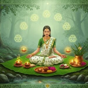 A serene Indian woman in a flowing white and green sari sits in lotus position on a vibrant green leaf, performing eco-friendly puja. She's surrounded by sustainable puja items: clay diyas with beeswax candles, a copper kalash filled with clear water, and a bamboo tray holding organic flowers and herbs. Floating around her are ethereal, glowing symbols of recycling and sustainability. The background features a misty forest with sacred trees like peepal and banyan. Soft, diffused light filters through the leaves, creating a mystical atmosphere. In the foreground, a small stream flows with crystal-clear water, reflecting the scene. The art style combines hyperrealistic details with surreal, dreamlike elements, using a palette of earthy greens, warm golds, and soft pastels. Intricate Madhubani-inspired patterns adorn the borders of the image, featuring nature motifs.