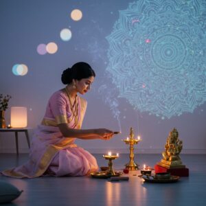 An ethereal scene of a young Indian woman performing a puja ritual in a contemporary, minimalist home setting. She's dressed in a pastel pink and gold saree, kneeling before a sleek, modern puja altar. The altar features a mix of traditional and modern elements - brass diyas, a crystal singing bowl, and a stylized golden Ganesha idol. Soft, glowing orbs of light float around her, representing the spiritual energy. In the background, a large, translucent mandala pattern is projected on the wall, blending traditional motifs with modern projection technology. The color palette is dominated by soothing pastels - soft blues, pale pinks, and warm golds. Incense smoke curls artistically in the air, forming subtle, mystical patterns. The overall atmosphere is serene and inviting, merging the ancient practice of puja with contemporary aesthetics.