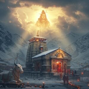 A majestic snow-capped Kedarnath temple nestled in the Himalayas, illuminated by golden divine light breaking through storm clouds, with Lord Shiva's ethereal silhouette blessing from above. The ancient stone temple features intricate carved details and a glowing jyotirlinga at its center. Pilgrims in traditional Indian attire climbing the stone steps, their forms creating a flowing line of warm lights against the misty mountain backdrop. Sacred Nandi statue in foreground, partially covered in snow. Surrounding landscape shows dramatic peaks, prayer flags fluttering in wind, and scattered diya lights. Scene captured in hyperrealistic digital art style with mystical elements - swirling energy patterns, floating lotus petals, and subtle mandala patterns in the clouds. Color palette combines deep blues and greys of the mountains with warm golds and saffrons of spiritual energy. Ethereal mist creates depth and mystery, while ray-traced lighting emphasizes the temple's spiritual significance. Style merges photorealistic architecture with surreal spiritual elements, creating a cinematic and awe-inspiring atmosphere.