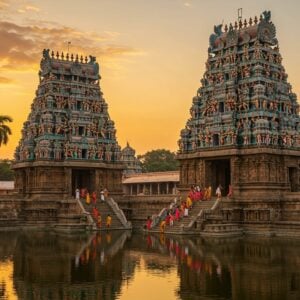 A majestic Dravidian temple complex at sunset, with towering gopurams adorned with intricate, colorful sculptures of deities and mythological figures. The foreground features a serene water tank reflecting the golden sky and temple silhouette. A group of traditionally dressed Indian pilgrims, in vibrant saris and dhotis, ascend the grand stone steps. Ornate mandapas with elaborately carved pillars frame the scene. In the distance, lush palm trees and tropical foliage surround the temple grounds. The art style blends photorealistic details with the rich colors and patterns of Madhubani and Pattachitra, creating a stunning fusion of ancient and contemporary aesthetics. Soft, glowing lights illuminate the temple's architectural features, emphasizing its spiritual aura. The overall composition balances grandeur with intimacy, inviting viewers to explore the depths of Dravidian architecture.