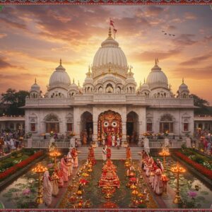 A majestic aerial view of the Agartala Jagannath Temple during golden hour, showcasing its distinctive Bengali-style architecture with curved cornices and ornate spires against a dramatic sky with soft pink and orange clouds. The temple's white and gold facade glows with divine light, surrounded by blooming lotus gardens and reflecting pools. In the foreground, devotees in traditional Bengali attire (women in red-bordered white sarees, men in kurtas) perform aarti with brass lamps. Intricate Madhubani-style patterns frame the scene, featuring peacocks, lotus motifs, and traditional Bengali architectural elements. Lord Jagannath's traditional face is visible through the main temple door, decorated with flowers and jewelry, flanked by ornate brass deepstams. The atmosphere is mystical with floating diyas in the water, incense smoke creating ethereal patterns, and golden light rays filtering through. The scene combines photorealistic architecture with stylized Indian artistic elements, deep jewel tones of maroon, royal blue, and saffron, with modern digital art techniques for lighting and atmosphere.