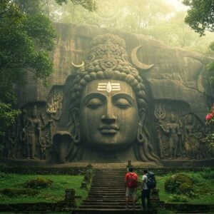 A massive 30-foot rock-carved Shiva head emerging from an ancient cliff face, intricately detailed with traditional Indian stone carving patterns, adorned with elaborate crown and third eye. Surrounding the central figure are smaller carved reliefs of celestial dancers and deities in classical poses. The scene is bathed in mystical golden morning light filtering through mist-covered tropical foliage. Ancient stone steps covered in moss lead up to the carved cliff. Blooming red rhododendrons frame the scene. The art style combines hyperrealistic stone textures with ethereal lighting and Pattachitra-inspired decorative elements. Rich emerald greens of the forest contrast with the weathered gray stone and warm golden light. Two modern Indian travelers in casual hiking attire stand at the base, providing scale to the massive carving. Floating golden mandalas and sacred geometry patterns overlay parts of the scene, creating a dreamy, spiritual atmosphere. The overall mood is mysterious and awe-inspiring.