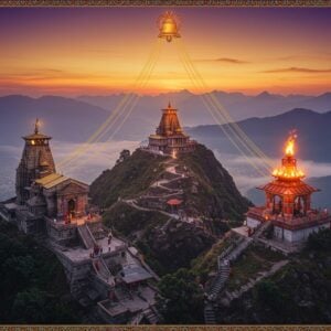 A majestic aerial view of three sacred mountain peaks forming a mystical triangle, connected by golden threads of divine energy against a dawn sky in deep saffron and purple hues. The central focus shows the ornate temple of Chamunda Devi on one peak, with detailed Himachali architecture, its golden shikhara gleaming. On another peak, the eternal flames of Jwala Devi temple rise dramatically, with nine naturally burning flames in different colors. The Kangra valley spreads below in misty blues and greens, with the Dhauladhar range in the background. Intricate Madhubani-style patterns frame the scene, featuring symbolic elements like trishuls, bells, and lotus flowers. The temples are surrounded by ethereal, glowing auras in gold and deep red. Small groups of pilgrims in traditional Himachali attire can be seen on the winding mountain paths between the temples. The lighting captures the mystical morning atmosphere with soft rays filtering through clouds, creating a divine ambiance. Style should blend photorealism with traditional Indian art elements, emphasizing the spiritual significance while maintaining architectural accuracy of the temples.