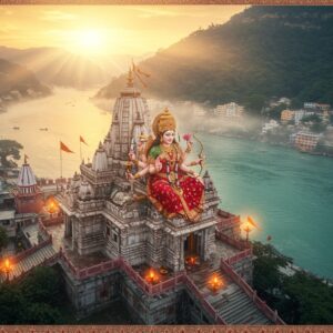 A majestic aerial view of Chandi Devi Temple perched atop Neel Parvat, illuminated by golden sunrise rays piercing through misty clouds. The temple architecture features intricate North Indian style with red and white carved stone walls, ornate spires, and golden flags fluttering. In the foreground, a serene goddess Chandi in her divine form with 8 arms, adorned in a deep red silk saree with gold embellishments, celestial jewelry, and a radiant crown. Her primary hands hold a trishul and lotus, while other hands carry traditional weapons - sword, bow, arrow, and shield. The background showcases the meandering Ganges River in turquoise blue, with the sprawling city of Haridwar visible below. Mystical elements include floating lotus flowers, glowing mandalas, and ethereal light patterns in soft pastel hues. The scene combines traditional Madhubani patterns in the borders with modern digital art techniques, creating a dreamlike spiritual atmosphere. The lighting is warm and divine, with soft golden rays and subtle lens flares highlighting the temple's significance.