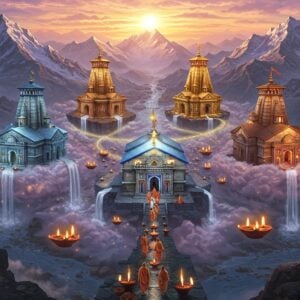 A sweeping aerial view of the majestic Himalayan mountains at sunrise, with golden rays illuminating four ornate ancient temples representing Chota Char Dham - Yamunotri, Gangotri, Kedarnath, and Badrinath - arranged in a sacred geometric mandala pattern. The temples float on ethereal clouds with intricate Madhubani-style patterns. Each temple emits a different colored divine light - crystal blue for Yamunotri, silver for Gangotri, golden for Kedarnath, and saffron for Badrinath. Cascading waterfalls and rivers flow between them, connecting the temples with streams of luminescent water. In the foreground, a group of pilgrims in traditional Indian attire walking on a mystical pathway made of lotus flowers. The scene is surrounded by floating diyas, prayer flags, and sacred symbols. The art style combines hyperrealistic architectural details with surreal ethereal elements, rendered in rich colors of deep maroon, royal blue, saffron, and gold. Soft glowing orbs of light scatter throughout, creating a magical atmosphere. Snow-capped peaks in the background blend with clouds in pastel pinks and purples.