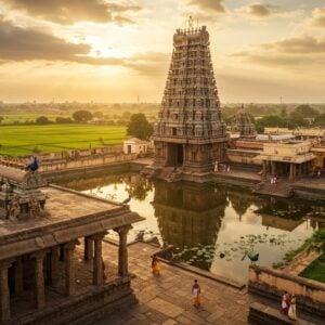 A majestic aerial view of Swamimalai Temple complex at golden hour, with its towering gopuram adorned with intricate Dravidian architecture rising prominently in the center. The temple's reflection shimmers in the Cauvery River flowing nearby, creating a mystical mirror effect. In the foreground, a beautifully detailed traditional Tamil stone mandapa with ornate pillars frames the scene. The surrounding landscape shows lush green paddy fields, coconut groves, and smaller shrines dotting the terrain, all rendered in rich, warm colors of saffron, deep red, and gold. Soft ethereal light streams through clouds, creating divine rays that illuminate the temple spire. Small groups of pilgrims in traditional attire can be seen walking along ancient stone pathways. The scene incorporates elements of Tanjore painting style with modern digital art techniques, featuring intricate patterns and spiritual motifs. Peacocks perch on temple walls while lotus flowers bloom in nearby ponds. The composition suggests both spiritual significance and tourist appeal, with subtle hints of various attractions visible in the distance. The overall mood is serene and inviting, with a magical golden glow permeating the scene.