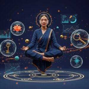 A serene Indian woman in modern business attire (navy blue blazer, silk saree) sits in a lotus position, floating above a circular digital mindmap with glowing golden connections. Around her, ethereal, translucent spheres contain vibrant metaphorical elements - a golden key, a blooming lotus, a compass, and a magnifying glass. The background features a gradient of deep peacock blue to royal purple, with intricate Madhubani-style border patterns in metallic gold. Digital holographic charts and graphs float in sacred geometric patterns, while soft particle effects and light trails in saffron and turquoise create depth. The woman's expression is peaceful yet focused, with a subtle golden aura surrounding her. Traditional Indian jewelry adorns her, creating a bridge between ancient wisdom and modern digital age. The scene is illuminated by soft, otherworldly light that emphasizes the floating elements and creates a sense of discovery and strategic thinking. Hyperrealistic 3D rendering with dramatic lighting and depth of field.