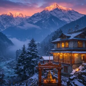 A serene Himalayan landscape at sunset, featuring the majestic snow-capped peaks of Gangotri in deep blues and purples, with the sacred Bhagirathi River flowing in ethereal silver streams below. In the foreground, a beautifully detailed traditional mountain lodge crafted from local stone and wood, with ornate carved details and warm golden lights glowing from its windows. The lodge is surrounded by ancient cedar trees dusted with snow, and prayer flags in traditional colors flutter in the mountain breeze. A traditional brass temple bell hangs at the entrance, catching the last rays of the setting sun. The scene is rendered in a blend of Pahadi miniature painting style and modern digital art, with intricate mandala patterns subtly woven into the clouds and mountain mists. The atmosphere combines luxury with spirituality, showing delicate wisps of sacred incense smoke rising into the crisp mountain air. The color palette focuses on deep blues, pristine whites, warm browns, and touches of gold, creating an inviting and mystical ambiance.