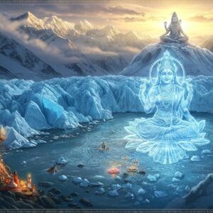 A majestic aerial view of the Gangotri Glacier at dawn, rendered in ethereal digital art style with traditional Indian elements. The glacier glows with a divine blue-white light, with intricate mandala patterns frozen within its crystalline surface. Lord Shiva's silhouette meditates atop the highest peak, his matted locks releasing the sacred Ganga waters. The flowing river transforms into a beautiful Indian goddess figure made of transparent crystal-blue water, wearing traditional ornaments and a flowing silk sari. Sacred lotus flowers made of ice float around her. The scene is framed by snow-capped Himalayan peaks with intricate Madhubani-style borders featuring sacred geometry. Golden light breaks through clouds, casting divine rays. Small details include pilgrims performing rituals at the glacier's edge, prayer flags fluttering in the wind, and subtle yantras etched in the ice. The color palette combines deep arctic blues, pristine whites, spiritual gold accents, and soft morning pastels. Hyperrealistic texturing on the ice and water surfaces with mystical particle effects suggesting divine energy.