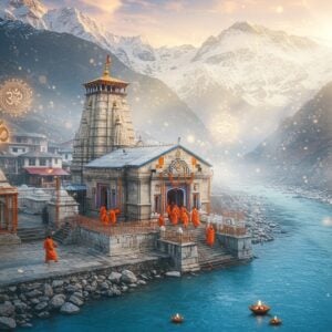 A majestic aerial view of Gangotri Temple nestled in snow-capped Himalayan peaks, with the sacred Bhagirathi River flowing crystal blue beside it. The temple architecture features detailed white marble structure with intricate North Indian temple design, golden spires catching sunrise light. In the foreground, a group of pilgrims in traditional Indian winter attire (saffron and white) walking on ancient stone steps. Mystical morning mist surrounding the temple, with divine rays of sunlight breaking through clouds. Sacred Om symbols and mandalas floating ethereally in the air. Scene decorated with marigold garlands, brass bells, and floating diyas in the river. Soft pastel color palette dominated by whites, cool blues, and warm golds. Style merging hyperrealistic digital art with traditional Pahari painting elements. The atmosphere captures both spiritual serenity and the raw majesty of the Himalayas, with small particles of golden light scattered throughout the scene.