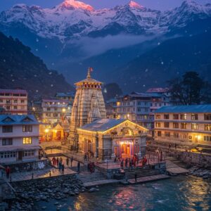 A majestic aerial view of Gangotri Temple nestled amidst snow-capped Himalayan peaks at twilight, with the temple's white spire illuminated by warm golden lights against a deep blue-purple sky. In the foreground, modern guest houses and dharamshalas with traditional Uttarakhandi architecture blend seamlessly into the mountainscape, their windows glowing with warm yellow light. The sacred Bhagirathi River flows crystal clear in intricate Madhubani-style patterns. Small groups of pilgrims in colorful winter clothing walk on well-lit stone pathways between accommodations and the temple. Prayer flags flutter in the mountain breeze. The scene features a mystical atmosphere with soft fog and golden particles floating in the air, creating a divine ambiance. The color palette combines deep blues and whites of the mountains with warm golden temple lights and rich earth tones of traditional architecture. Photorealistic style with subtle touches of traditional Indian art patterns in the sky and water. The composition should emphasize both the spiritual significance and modern amenities, with detailed architectural elements and comfortable lodging facilities visible in the mid-ground.