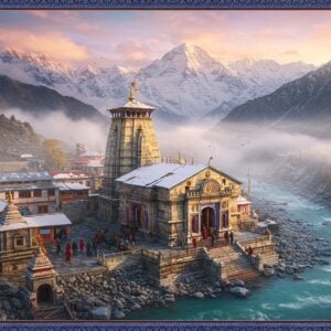 A majestic aerial view of Gangotri Temple nestled in snow-capped Himalayas, with intricate Nagara architecture style in white marble, golden spires catching dawn light. Swirling mists and clouds at different altitudes create ethereal layers around the temple. Crystal-clear Bhagirathi River flowing beside with turquoise waters. Snow-covered peaks in background reaching into cotton-candy pink sky. Detailed Madhubani-style border patterns in deep blues and gold frame the scene. Small groups of pilgrims in warm winter clothing walking temple paths. Prayer flags flutter in mountain breeze. Soft golden divine light emerging from temple entrance. Natural elements show various weather conditions - some snow patches, autumn-colored Himalayan flowers, and mountain streams. Hyperrealistic digital painting style with magical ethereal lighting. Scene captured from slight elevation showing temple's position amidst magnificent mountain landscape. Traditional mandala patterns in sky subtly merging with clouds.