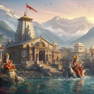 A majestic Himalayan temple complex emerging from misty mountains, featuring intricate North Indian Nagara architecture with a white marble shikhara adorned with gold details. The temple sits beside the crystalline Bhagirathi River with swirling, ethereal waters. In the foreground, a detailed stone carving of Goddess Ganga riding her vahana, the Makara (mythical sea-creature), emerging from the sacred waters. The temple structure shows detailed carvings of deities, geometric patterns, and lotus motifs in traditional Uttarakhandi style. Soft, golden morning light bathes the scene, creating a divine atmosphere with floating prayer flowers and incense smoke. Snow-capped peaks in the background with hints of sunrise colors. The scene incorporates elements of Madhubani art style in the detailed patterns, with a modern digital art finish. Multiple small shrines and prayer bells surround the main temple, with intricate architectural details showing precise stone craftsmanship. The color palette includes pristine whites, golden highlights, deep mountain blues, and sacred saffron accents. Hyperrealistic digital art style with atmospheric depth and magical lighting.