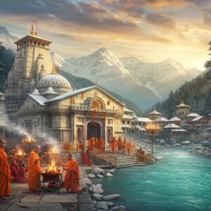 A majestic Himalayan temple complex of Gangotri set against snow-capped peaks at sunrise, with the pristine Bhagirathi River flowing beside it in crystalline turquoise. The white marble temple architecture features intricate North Indian temple style with detailed carved spires and domes, glowing in golden morning light. In the foreground, priests in saffron robes perform aarti with large brass lamps, creating multiple points of warm light. Smoke from sacred fire rises in ethereal swirls, mixing with morning mist. Traditional Pahadi devotees in colorful local attire circumambulate the temple. The scene is framed by ancient cedar trees dusted with snow. The art style combines hyperrealistic architectural details with mystical elements like subtle mandala patterns in the sky and floating lotus petals. The lighting creates a divine atmosphere with god rays breaking through clouds, illuminating the temple. The color palette focuses on pure whites, deep saffrons, turquoise blues, and golden highlights, rendered in a modern digital painting style with careful attention to textures and atmospheric depth.