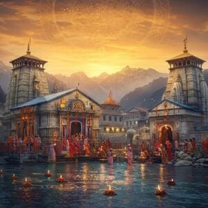 A majestic Himalayan temple complex with white marble and gold-trimmed spires emerging from misty mountain peaks, set against a dramatic sunset sky in shades of saffron and deep blue. The sacred Gangotri temple sits beside the crystal-clear Bhagirathi River, with swirling, ethereal water patterns rendered in traditional Madhubani style. In the foreground, a group of Indian pilgrims in traditional attire (men in white kurtas, women in colorful sarees) perform aarti ceremonies with golden lamps. Floating diyas and marigold flowers dot the river's surface, creating glowing points of light. The scene features intricate mandala patterns in the sky, resembling snowflakes and sacred geometry. Hindu symbols and motifs are delicately carved into the temple walls, illuminated by soft, divine light. The surrounding landscape includes sacred peaks of Gaumukh glacier with prayer flags fluttering in the wind. The art style combines hyperrealistic architectural details with ethereal, surreal lighting and traditional Indian art patterns. The atmosphere captures both the spiritual significance and the natural grandeur of the holy site.