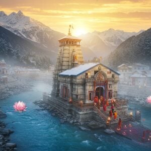 A majestic aerial view of Gangotri Temple nestled in snow-capped Himalayas during sunrise, with golden rays illuminating its white marble structure. The temple's Shikhara style architecture is detailed with intricate North Indian temple patterns. A flowing Bhagirathi river in crystal blue cuts through the scene, with sacred steps (ghats) leading to it. Ethereal morning mist surrounds the temple complex, with floating lotus petals and religious symbols creating a magical atmosphere. In the foreground, a small group of pilgrims in traditional winter attire (men in dhoti-kurta and women in colorful sarees with shawls) climbing the temple stairs. The scene features soft golden and cool blue color palette, with emerging sun creating a divine glow behind the temple spire. Himalayan peaks in background are detailed with fresh snow, pine trees dotting the landscape. Small diyas and prayer flags add warmth to the scene. Style combines hyperrealistic digital art with traditional Pahari painting elements, emphasizing both grandeur and spirituality.