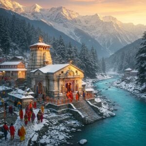 A majestic aerial view of Gangotri temple nestled amidst snow-capped Himalayan peaks at sunrise, with golden rays illuminating the white marble structure. The sacred Bhagirathi River flows beside it in vibrant turquoise blue, creating intricate mandala-like patterns. In the foreground, a group of pilgrims in traditional Indian winter attire (women in colorful shawls, men in warm kurtas) walking on a mountain path decorated with prayer flags. The scene features mystical elements like soft glowing halos around the temple spires and ethereal mist around the mountains. The landscape includes ancient cedar trees dusted with snow, traditional mountain houses with sloped roofs, and stone steps leading to the temple. The color palette combines deep blues of the mountains, warm golds of sunrise, and pristine whites of snow, rendered in a style merging digital artistry with traditional Pahadi folk art elements. The atmosphere captures both the spiritual significance and the adventurous journey, with detailed texture in the snow, rocks, and architectural elements.