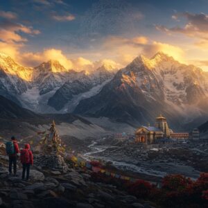 A majestic panoramic view of snow-capped Gangotri peaks at sunrise, with golden-orange light illuminating the mountains, rendered in a blend of hyperrealistic digital art and traditional Indian Pahadi art style. In the foreground, two Indian trekkers (male and female) in modern colorful winter gear stand on a rocky outcrop, their silhouettes dramatic against the mountain backdrop. The scene features prayer flags fluttering in the wind, creating leading lines toward the ancient Gangotri temple visible in the middle distance. Crystal-clear glacial streams wind through the valley, with patches of rhododendrons adding splashes of deep red to the landscape. The lighting is ethereal with god rays piercing through clouds, creating a spiritual atmosphere. The composition includes traditional mandala-inspired patterns in the sky, subtly blending with the clouds. The color palette combines deep blues and whites of the snow, warm golds of the sunrise, and earthy browns of the terrain, all rendered in high detail with atmospheric perspective showing the vastness of the Himalayan range, 8k resolution, cinematic lighting, photorealistic texturing