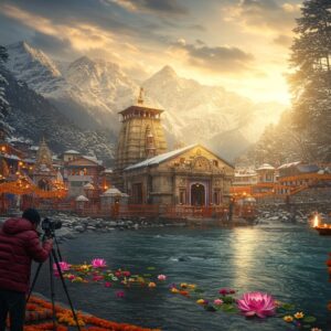 A breathtaking panoramic view of Gangotri Temple nestled amidst snow-capped Himalayan peaks at golden hour, with the sacred Bhagirathi River flowing crystal clear in the foreground. The temple architecture features intricate Nagara-style details in warm stone, glowing with ethereal light. A young Indian photographer in modern winter wear (maroon puffer jacket) carefully positions their professional camera on a tripod, capturing the scene. Floating lotus flowers and marigolds dot the river's surface, creating leading lines toward the temple. Soft rays of sunlight pierce through clouds, creating divine light beams. The scene features a magical mix of mist and golden particles in the air. Rich, deep colors dominate - saffron temple flags, deep blue mountain shadows, and golden sunlight, all rendered in a modern digital art style with photorealistic details. Snow-covered deodars frame the composition, while prayer bells and traditional oil lamps add authentic cultural elements. The atmosphere combines serene spirituality with adventurous photography vibes.