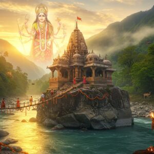 A majestic ancient temple perched atop a large rock formation emerging from the crystal-clear Kosi River, illuminated by golden sunrise. The temple architecture features intricate North Indian temple style with detailed carved spires and domes. A ethereal, glowing form of Goddess Garjiya Devi appears in the background as a semi-transparent divine figure with 8 arms, holding traditional weapons - trishul, sword, lotus, and blessing mudra. She wears a red and gold saree with elaborate jewelry. The scene includes devotees in traditional attire crossing the bridge to reach the temple. Surrounding the temple are lush green mountains of Uttarakhand, with morning mist creating a mystical atmosphere. Tigers, peacocks and deer visible in the surrounding forest, representing the wildlife sanctuary. The lighting creates a divine aura with soft golden rays filtering through clouds, reflecting off the river water. The art style combines hyperrealistic architectural details with ethereal spiritual elements, incorporating traditional Pahari painting influences in the background landscape. Natural elements like marigold flowers, bells, and diyas add authenticity.