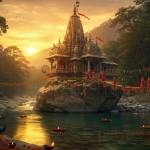 A majestic ancient stone temple perched atop a large rock formation emerging from the crystal-clear Kosi River, surrounded by lush Kumaon hills and dense forest. The temple architecture features intricate North Indian design with carved spires and detailed wall sculptures. A warm golden sunset casts ethereal light on the temple structure, creating a mystical atmosphere. In the foreground, devotees in traditional Kumaoni attire cross a decorated wooden bridge. The scene includes vibrant marigold garlands and red prayer flags fluttering in the breeze. Peacocks perch on the temple steps, while the surrounding landscape shows the Corbett National Park's wilderness. The water reflects the temple like a mirror, with subtle ripples creating a dreamy effect. The art style combines hyperrealistic digital painting with traditional Pahadi folk art elements, featuring rich colors like deep maroon, saffron, and forest green. Soft glowing diyas float on the river surface, creating points of warm light. The composition emphasizes both the spiritual significance and natural grandeur of the location.