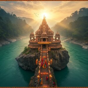 A majestic aerial view of Garjiya Devi Temple perched atop a large rock formation in the middle of the emerald-green Kosi River, illuminated by golden sunrise rays breaking through misty clouds. The temple's traditional Nagara architecture style features intricate carved details and a prominent shikhara in warm sandstone colors. In the foreground, stone steps leading to the temple are adorned with marigold garlands and floating diyas. Devotees in colorful traditional Indian attire climbing the steps. The surrounding landscape shows dense forest of Jim Corbett National Park with morning fog rolling through the trees. Ethereal light streams create a divine atmosphere, while stylized peacocks and lotus motifs frame the scene in Madhubani art style. The color palette includes deep maroons, saffron, turquoise, and gold accents. Photorealistic digital art with mystical elements, soft volumetric lighting, and atmospheric depth. 4K resolution, cinematic composition, hyper-detailed architectural elements.