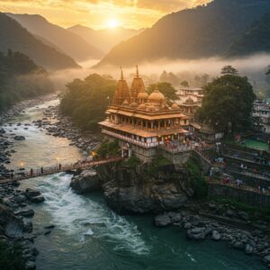 A majestic aerial view of Garjiya Devi Temple perched dramatically on a large rock formation in the middle of rushing Kosi River, illuminated by golden sunrise. The temple architecture features intricate North Indian temple style with detailed carved spires and domes in warm sandstone colors. The surrounding landscape shows lush green Kumaon hills with morning mist, creating an ethereal atmosphere. In the foreground, comfortable modern guest houses and hotels blend harmoniously with the natural surroundings, their lights warmly glowing. The scene is rendered in a fusion of traditional Pahari painting style and contemporary digital art, with rich jewel tones of deep blues, forest greens, and golden ochres. Soft morning rays create a divine aura around the temple, with subtle mandala patterns in the sky. Small groups of pilgrims in traditional attire can be seen crossing the modern bridge to the temple. The overall composition emphasizes both the spiritual significance and modern accessibility of the sacred site, with a dreamy, cinematic quality enhanced by atmospheric lighting and gentle mist.